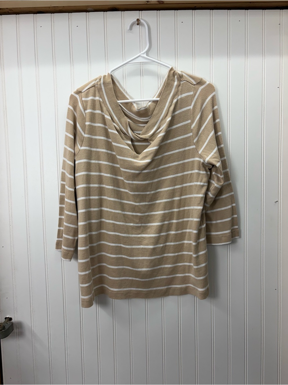 Chico's neutral cotton 3/4 quarter length sleeve beige and White Striped blouse